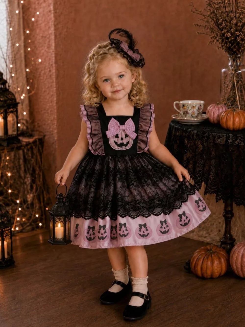 Girls' Black & Pink Halloween Pumpkin Dress